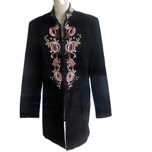 Metrostyle Black Suede‎ Embroidered Floral  Jacket Sz M  Hook Eye Coat STAINS!